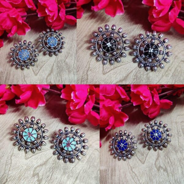 Oxidised silver meenakari earrings
